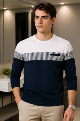 Autna Colorblock Men Round Neck Navy Blue, White T-Shirt