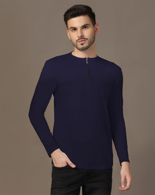 Blisstone Solid Men Henley Neck Navy Blue T-Shirt