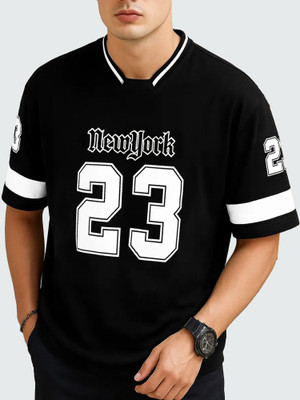 Jump Cuts Printed Men V Neck Black, White T-Shirt