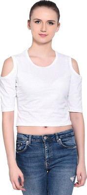 Trendfull Solid Women Round Neck White T-Shirt
