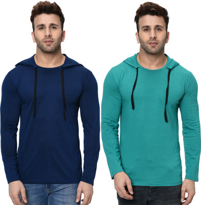 Adorbs Trend Solid Men Hooded Neck Dark Blue, Light Green T-Shirt