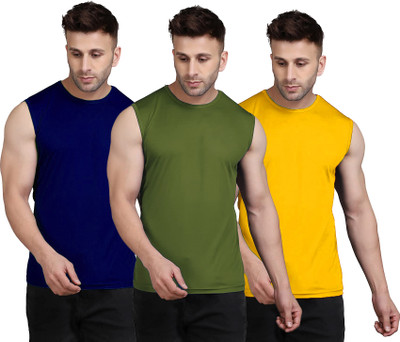 UDI n ADI Solid Men Round Neck Dark Green, Navy Blue, Yellow T-Shirt