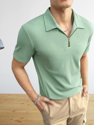 TAZO Striped Men Polo Neck Green T-Shirt