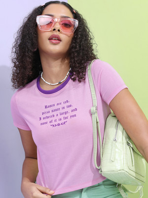 Tokyo Talkies Typography Women Round Neck Pink T-Shirt
