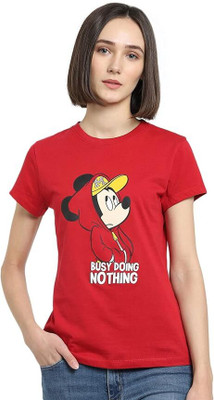 Clori Cartoon Women Round Neck Red T-Shirt