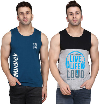 SLOWLORIS Printed Men Round Neck Black, Grey, Dark Blue T-Shirt