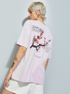MAX Printed Women Round Neck Purple T-Shirt