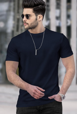 TRIPR Solid Men Round Neck Navy Blue T-Shirt