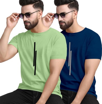 KAJARU Striped Men Round Neck Green, Dark Blue T-Shirt