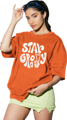 Trond Printed Women Round Neck Orange T-Shirt
