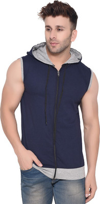 tfurnish Self Design Men Hooded Neck Dark Blue, Grey T-Shirt