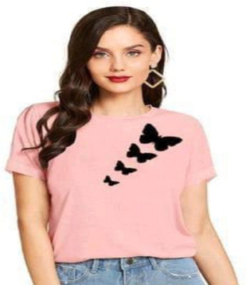SAHAL Printed Women Round Neck Pink T-Shirt