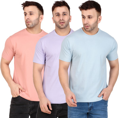 DAMOKI Solid Men Round Neck Pink, Purple, Light Blue T-Shirt