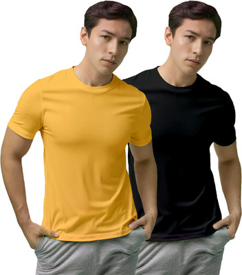 Fighterhero Solid, Sporty Men Round Neck Yellow, Black T-Shirt