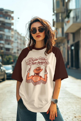 JUNEBERRY Printed Women Round Neck Beige, Brown T-Shirt