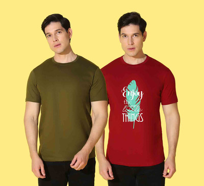 WOOSTRO Printed Men Round Neck Green, Maroon T-Shirt