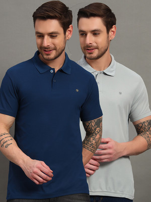 TRIUS Solid Men Polo Neck Navy Blue T-Shirt