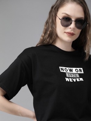 Roadster Typography Women Round Neck Black T-Shirt