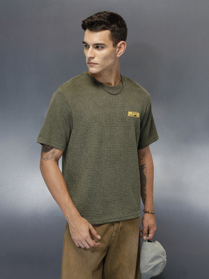 WROGN Self Design Men Crew Neck Green T-Shirt