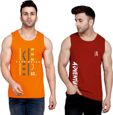 SLOWLORIS Printed Men Round Neck Orange, Maroon T-Shirt