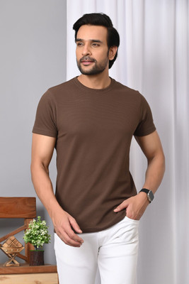MIT Bharat Solid Men Round Neck Brown T-Shirt