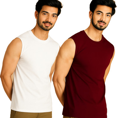 Jangoboy Solid Men Round Neck White, Maroon T-Shirt