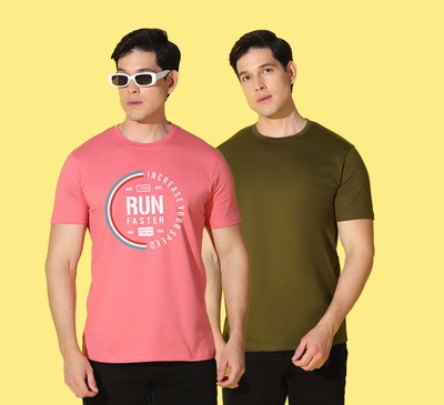 WOOSTRO Printed, Solid Men Round Neck Green, Pink T-Shirt