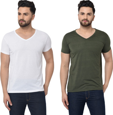Tresna Fab Solid Men V Neck Dark Green, White T-Shirt