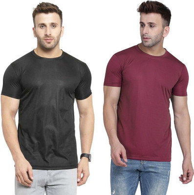 TQH Solid Men Round Neck Maroon, Black T-Shirt