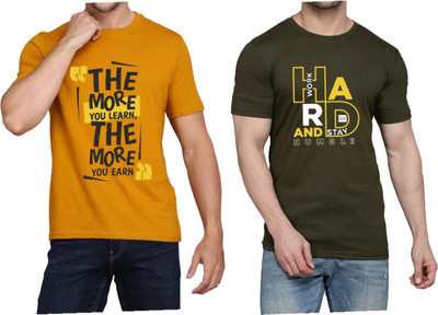 WOOSTRO Printed Men Round Neck Orange, Dark Green T-Shirt