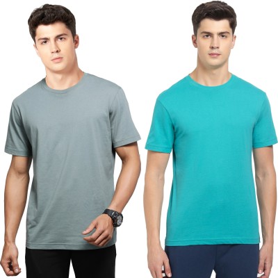 JOCKEY Solid Men Round Neck Grey, Light Blue T-Shirt