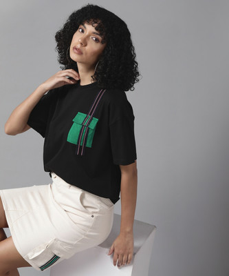 Roadster Colorblock Women Round Neck Black T-Shirt