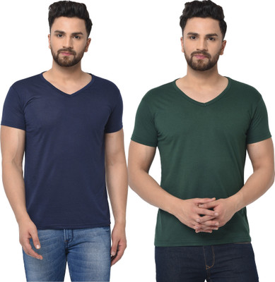 Tresna Fab Solid Men V Neck Dark Blue, Dark Green T-Shirt