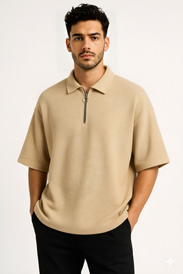 PeakLevel Solid Men Zip Neck Beige T-Shirt