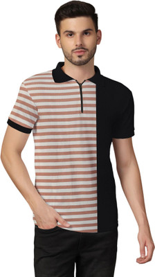 tfurnish Striped Men Polo Neck Maroon T-Shirt