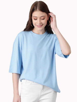 HouseOfCommon Solid Women Round Neck Blue T-Shirt