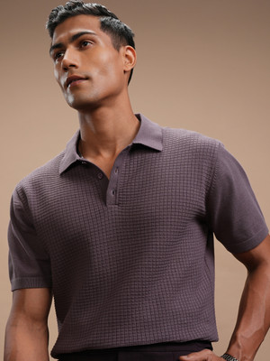 HIGHLANDER Self Design Men Polo Neck Purple T-Shirt