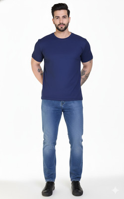 sadaya Solid Men Round Neck Blue T-Shirt