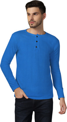 GEUM Solid Men Henley Neck Blue T-Shirt