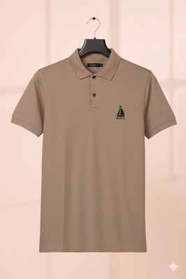 Zbella Embroidered Men Polo Neck Brown T-Shirt