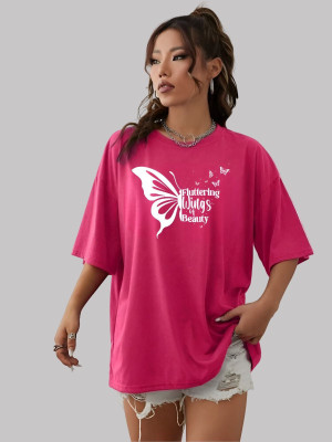 FLUFFYY ENTERPRISE Printed Women Round Neck Pink T-Shirt