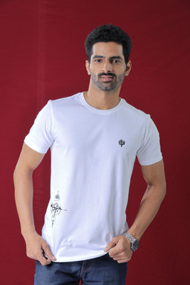 LEAFCARE Self Design Men Round Neck White T-Shirt