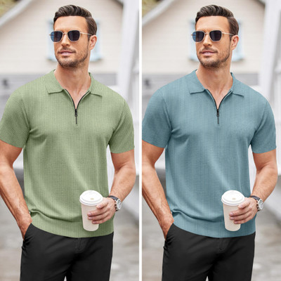 trueoath Solid Men Polo Neck Light Green, Light Blue T-Shirt