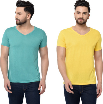 Tresna Trendy Solid Men V Neck Light Green, Yellow T-Shirt