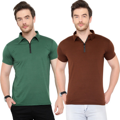 JB Jangoboy Solid Men Polo Neck Dark Green, Brown T-Shirt