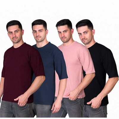 WELLVIEW Solid Men Round Neck Maroon, Navy Blue, Pink, Black, Multicolor T-Shirt