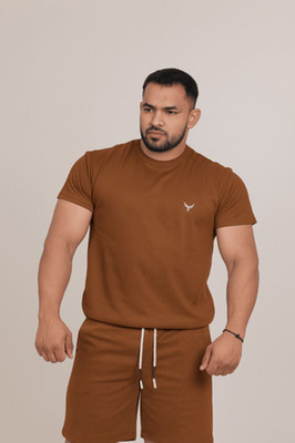 The Falcon Sports Solid Men Round Neck Brown T-Shirt