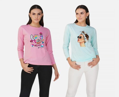 CHOZI Printed Women Round Neck Pink, Light Blue T-Shirt