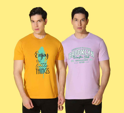 WOOSTRO Graphic Print Men Round Neck Yellow, Pink T-Shirt