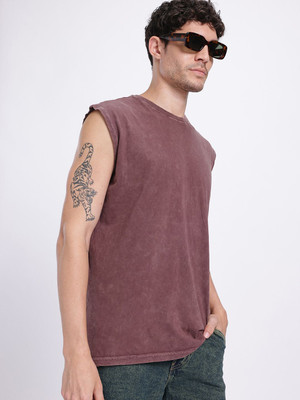Glitchez Solid Men Round Neck Purple T-Shirt